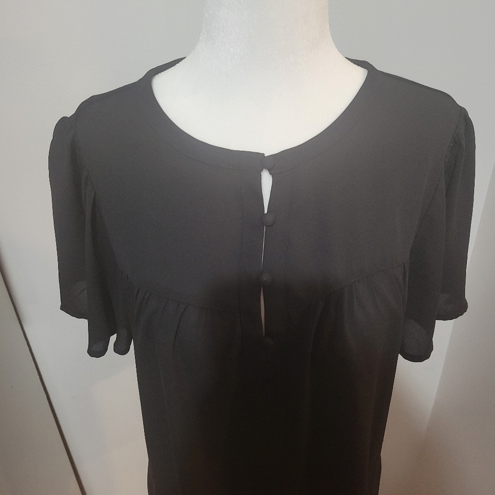 Ann Taylor Solid Black Babydoll Cap Sleeve Sheer Front Blouse Button Up | Small - Picture 2 of 7